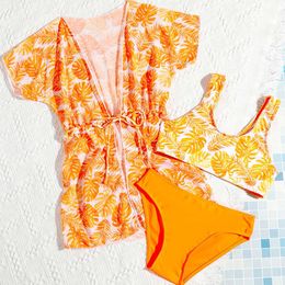 Girls 3pack Leaf Print High Waist Bikini Kids Swimsuit&Kimono 7-12 Years Children's Swimwear 2024 Teens Bathing Suit Beach Wear