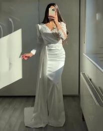 2024 White Arabic Aso Ebi Evening Dresses Puffy Sleeve Appliques Beads V Neck Satin Women Mermaid Formal Prom Gowns Night Party Robe De Soiree