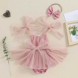 Girl's Dresses 0-18M Newborn Baby Girls Cute Rompers Dress Solid Colour Tulle Skirt Hem Sleeveless Jumpsuits Infant Bodysuits with Bow Headband