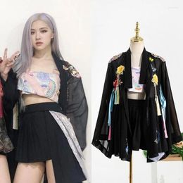 Work Dresses Kpop Girl Group ROSE Summer Sexy Short Sling Vest Embroidery Cardigan Jackets Coat Black Slim High Waist Mini Skirt Women