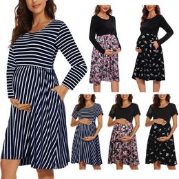 Maternity Dresses Women Nursing Dresses Short Sleeve Crew Neck Flower Print Patchwork Breastfeeding Midi Dress Loose Maternity Dress Y240516