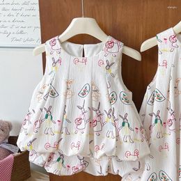 Clothing Sets 2024 Summer Korean Girl Printed Flower Sleeveless Vest And Shorts Set