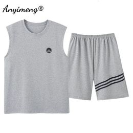 Mens Sleeveless Pyjamas Set L-4XL Summer Cotton Vest Singlet Loungewear 2 Pieces Set Shorts Nightwear Casual Sleepwear for Boy 240516