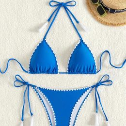 Women's Swimwear Two-piece Swimsuit Sexy Bathing Suits Trend 2024 Blue Halter Neck Flower Bud Design Bikini Set Padded