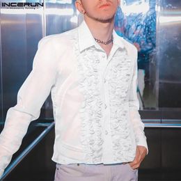 Men's Casual Shirts INCERUN Tops 2024 American Style Stylish Mens Ruffled Edge See-through Design Thin Lapel Long Sleeved Blouse S-5XL