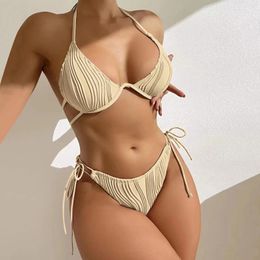 Women's Swimwear Women Bikinis Soild 2 Piece Swimsuit 2024 Summer Ladies Halter Push Up Bra Padded Bikini Sets High Waist Bathing Suit