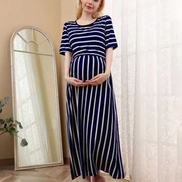 Maternity Dresses Maternity Pregnancy Dress Women O-neck Pregnant Nursing Maternity Short Sleeve Stripe Summer Dress Camisa De Dormir Maternidade Y240516