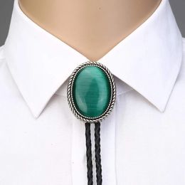 Naturel stone Green cat eye bolo tie for man Indian cowboy western cowgirl leather rope zinc alloy necktie 240506