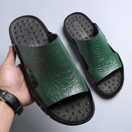 Men Sandals Slippers PU Stone Crocodile Pattern One Line Drag Rivet Decoration Business Leisure Men Beach Shoes