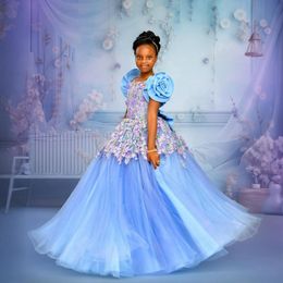 2024 Blue Flower Girl Dresses Girls Birthday Party Dress Cap Sleeves Tiered Tulle Appliqued Beaded Lace Queen Princess Gowns for African Black Little Girls F119