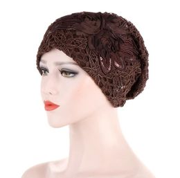 BeanieSkull Caps 2021 Fashion Women Lace Flower Beautifull Turban Bonnet Muslim Under Scarf Hijab Cap Full Cover Islamic Wrap Hea4626172