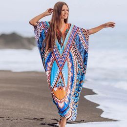 Beach Dresses Swimsuit Cover Ups Kaftans For Women 2024 Tropical Leaf Printed Rayon Short Sleeve Holiday Bathing Suits