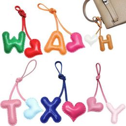 Keychains Lanyards M H W A Y Heart Luxury Genuine Leather English Letter Keychain For Car Backpack Pendant Key Chain Women Bag Charm Accessories J240509