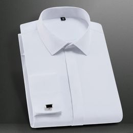 Solid Mens Classic French Cuffs Dress Shirt Long Sleeve Covered Placket Formal Business Standardfit Design Wedding White Shirts 240426