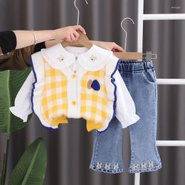 Clothing Sets Kids Baby Boy Boutique Clothes 2024 Spring Plaid Knitted Sweat Vest White Shirts Pants Toddler Boys Outfits Children's