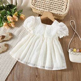 Girl's Dresses Summer New Baby Girls Dress Gauze Bow Ribbon Flower Pattern Lace Gauze Relief Square Collar Puffy Sleeve A-Line Dress Sweet