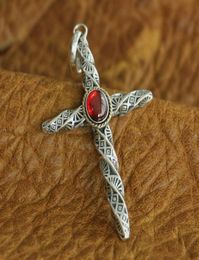 LINSION Red CZ 925 Sterling Silver Torsional Column Cross Mens Biker Pendant TA125 JP6334325