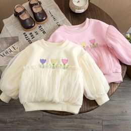 Flickor Sweatshirt spetströja för barn 2023 Spring Autumn Flower Brodery Baby Topps Children's Clothes Korean Style L2405