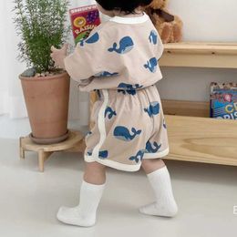 Clothing Sets 2024 Summer New Korean Toddler Boys 2PCS Clothing Cotton Dolphin Print Short Sleeve Set Baby Boy Cute Cartoon Set WX