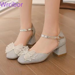 Dress Shoes Women's Bow Decoration Shallow Versatile Thick Heel Round Toe Sandals Have Buckle Gold And Silver Baotou Wrap