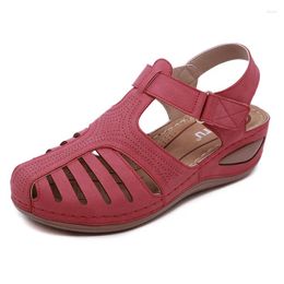 Dress Shoes SIKETU Women Sandals Sewing Round Toe Hook Loop PU Retro Style Adhesive Anti Slip Bottom Hollowing Out Bohemian