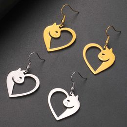 Elegant Cat Heart Pendant Dangle Stainless Steel Trend Cute Kitten Earrings Women Jewellery Valentine's Day Gifts