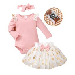 Clothing Sets 0-24M Spring Born Baby Girls Golden Polka Dots Clothes Outfits Long Sleeve Princess Romper Tops Tutu Skirts Headband 3Pcs Set