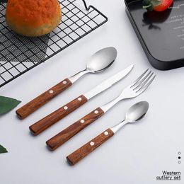 Dinnerware Sets 24pc Natural Wooden Cutlery Set Kitchen Gadget Stainless Steel Knife Fork Spoon Tableware