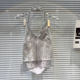 PREPOMP 2024 Summer Collection Sleeveless Sexy Rhinestone Diamonds Mesh Halter Tank Top Women Vest GP494 240515