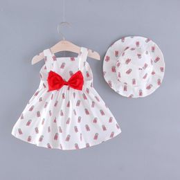 Girl's Dresses Two Piece Set/Baby Girl Summer Dress New Drop Strap Print Back Big Bow Cotton Skirt Comes With Same Fabric Hat