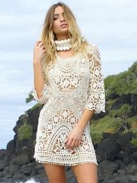 Sexy Backless White Knitted Beach Dress Summer Clothing Swimsuit Bikini Cover-ups Women Crochet Cut Out Lace-up Beachwear Q211