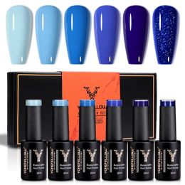 Quefellow 6set Blue Gel Nail Polish Sky Glitter Vernis Semi Permanent Soak Off UV Manicure Gift for Girls Women 240430