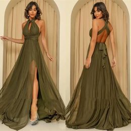 Charming Olive Green A Line Prom Dress High Neck Sleeveless Backless Party Evening Gown Tiered Ruffles Tulle Robe De Soriee