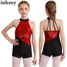 Dancewear Kids Gilrs Ballet Dance Leotard Figure Skating Jumpsuit Glittery Sequins Sleeveless Rhythmic Gymnastics Performance DancewearL240502