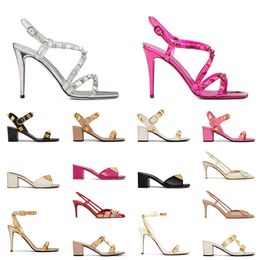With Box Women Fashion Designer High Heels Sandals Silver Pink Black White Nude Slingback Heel Sandale Peep-toes Pointed Rivet Studded Leather Pumps Ladies Slippers