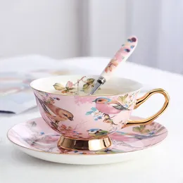Cups Saucers European Luxury Bone China Coffee Set Ceramic Gold Handle British Afternoon Tea Cup With Saucer And Spoon Bird Pattern Teaware