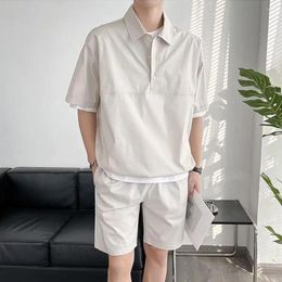 Men's Tracksuits Men Suit Shirt Shorts Set Sporty Lapel Elastic Waist With Pockets Half Placket Short For Active