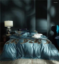 Bedding Sets Blue Luxury European Golden Royal Embroidery 100S Egyptian Cotton Set Duvet Cover Bed Sheet Linen Pillowcase 4/6pcs
