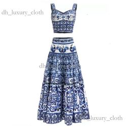 Chanells Skirt Two Piece Dress Runway Designer Skirt Women Two Pieces Set Blue And White Chain Skirt Slimy Tops Short Camisole Maxi Long Cchannel Skirt Fashion 954