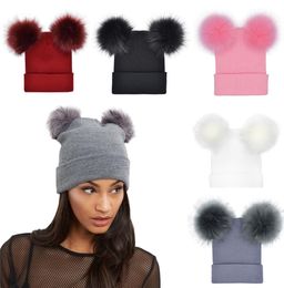 2018 New Arrival New Fashion Women Winter Warm Crochet Knit Double Faux Fur Pom Pom Beanie Hat Cap High Quality Top305349312