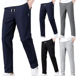 Men's Pants Men Multiple Pockets Letter Embroidery Trousers Cargo Solid Color Ice Silk Pencil Clothing Sports