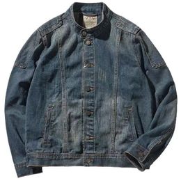 Denim Jacket Mens Vintage Buttons Spring Autumn Oversize Work Jackets Stand Collar Long Sleeves Singlebreasted Cowboy Tops 240428