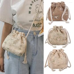 Bag Flower Embroidery Drawstring Handbags Straw Woven Women Lace Splicing Crossbody Bags Ladies Shoulder Messenger