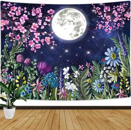 Tapestries Ocean Tapestry Moon Wall Hanging Pink Cherry Blossom Japanese Anime Scenery For Bedroom Living Room