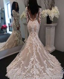 Bezprzewodowe wykwintne koronkowe suknie ślubne dla kobiet syrena pełne rękaw hafty haftowe Iluzja suknia ślubna vestido de novia