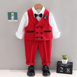 Flower Boys Champagne Wedding Suit Prince Kids Vest Pants Badge Bowtie Photograph Dress Children Birthday Performance Costume