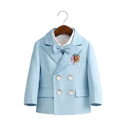 Kids Jacket Pants Bowtie Strap 4PS Ceremony Photograph Suit Flower Boys Performance Costume Children Sky Blue Piano Party Dress