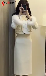 Work Dresses Elegant Socialite Graceful Fashionable Women's Suit Autumn Winter Furry Sleeves Short Coat High Waist One-Step Skirt