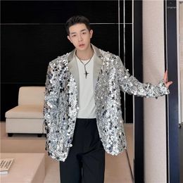 Men's Suits 2024 Autumn Korean Style Personalized Large Sequin Design Suit Men Casual Loose Costumes Silvery For M-XL