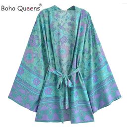 Boho Queens Women Green Floral Print Bat Sleeve Beach Bohemian Kimono Dresses Ladies V Neck Rayon Short Robe Bikini Cover-up